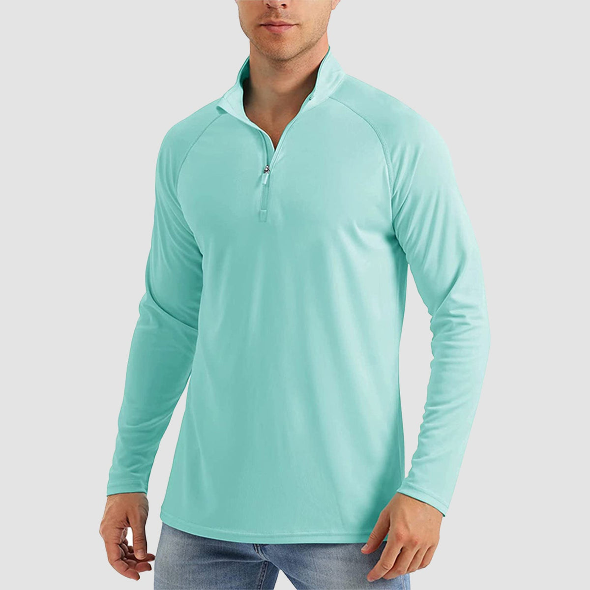 Men's quarter zip fishing shirt in Canal Blue, front view