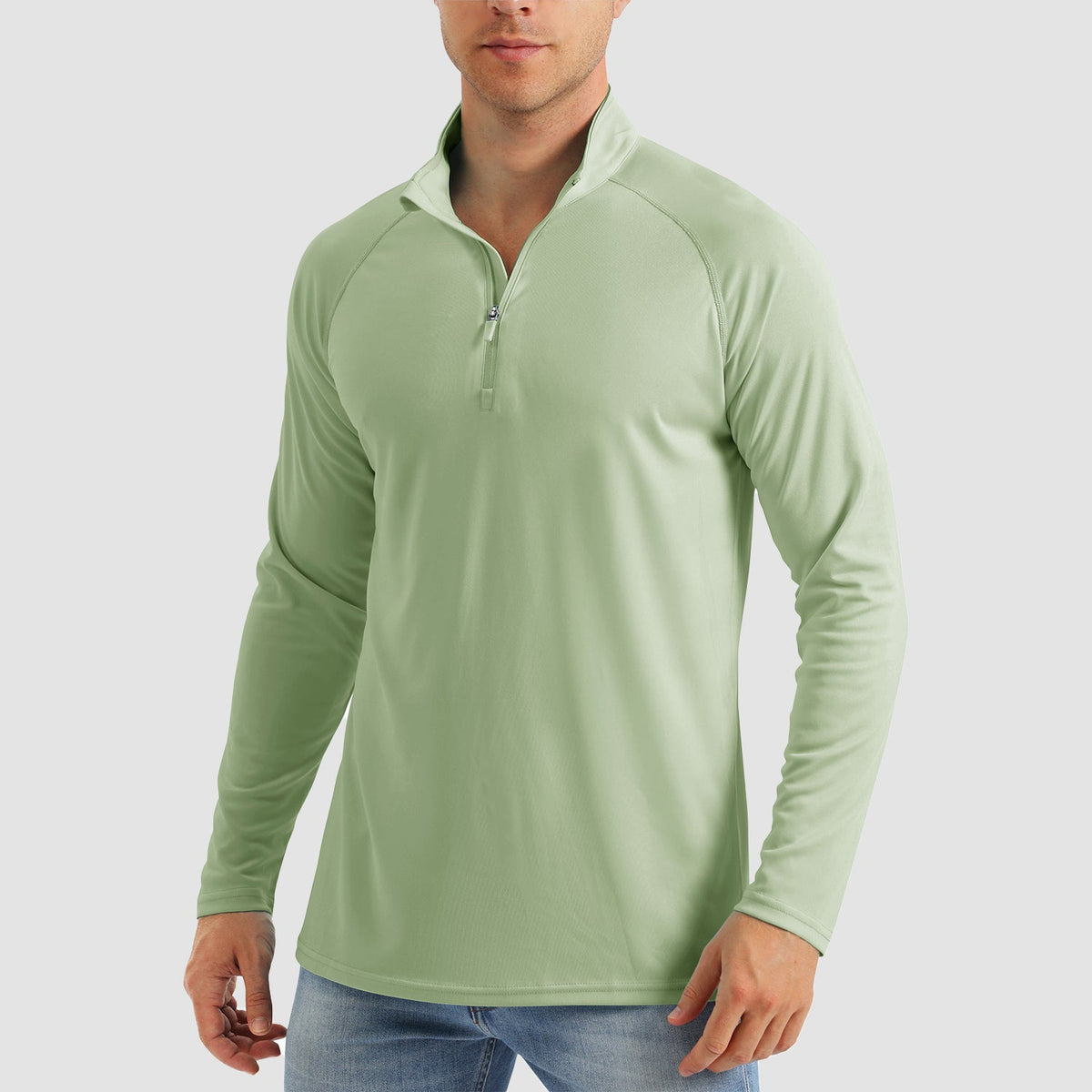 Men's quarter zip fishing shirt in Light Green, front view