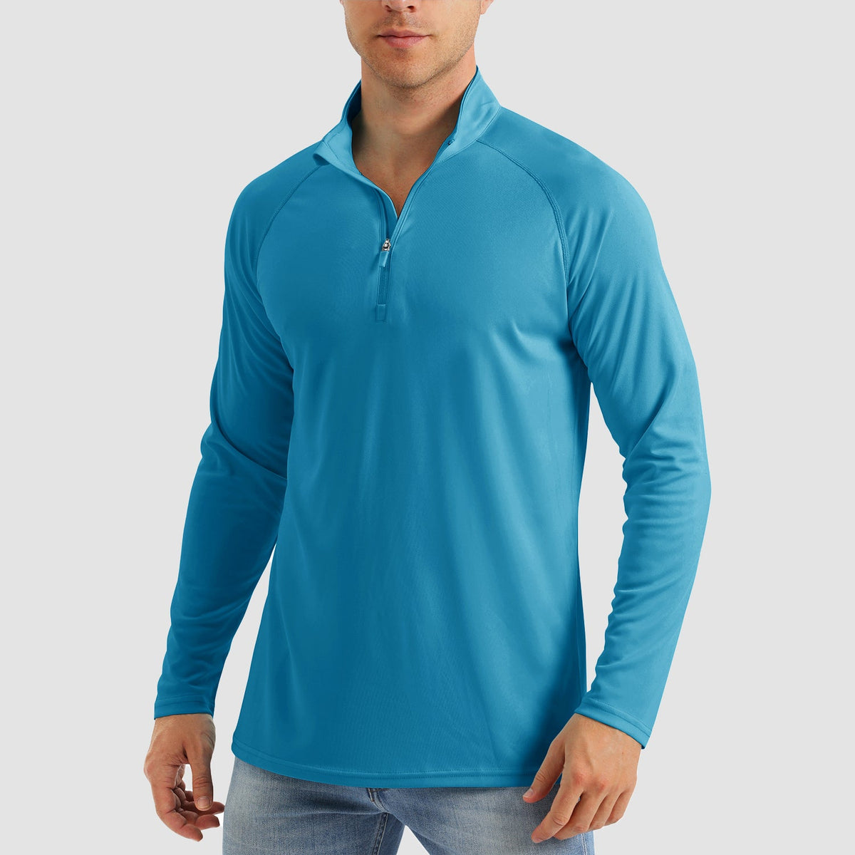 Men's quarter zip fishing shirt in Blue Green, front view
