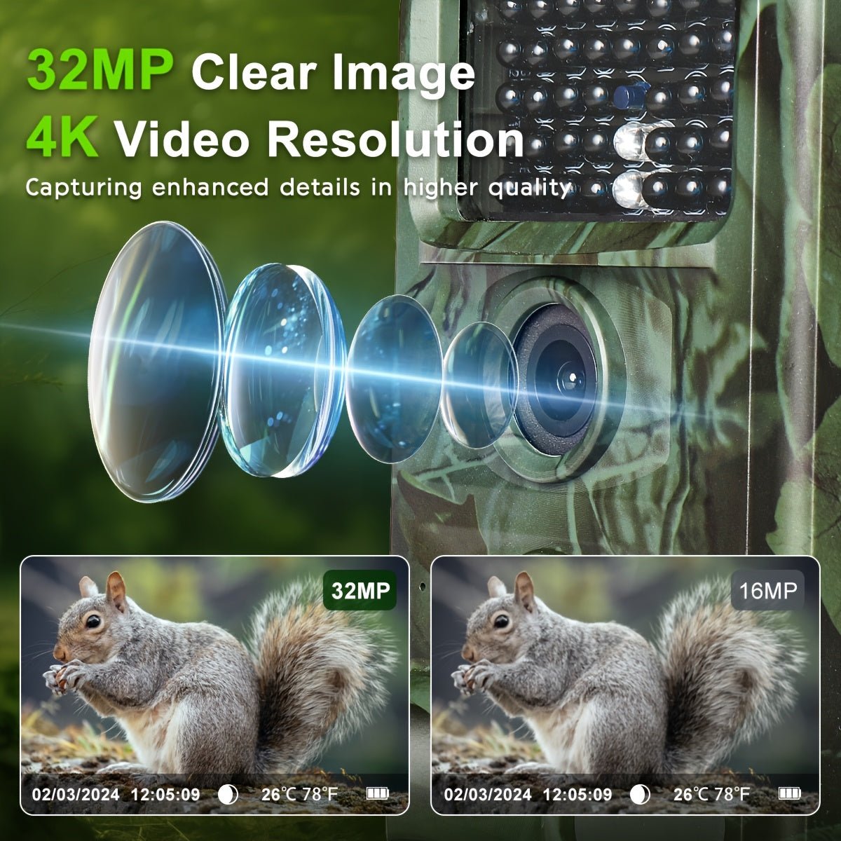 4K 32MP Trail Camera – Motion Detection & Low - Glow Night Vision for Outdoor Use - Bush Range