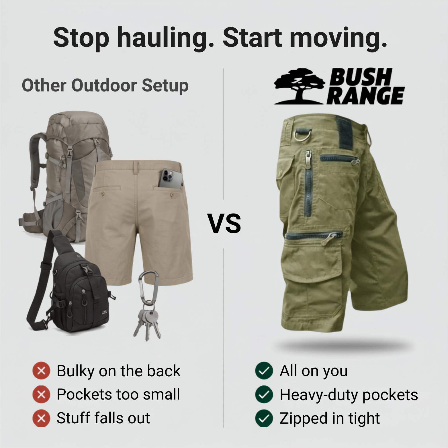 Men’s Outdoor Cargo Shorts – Zip Pockets for Hiking and Fishing