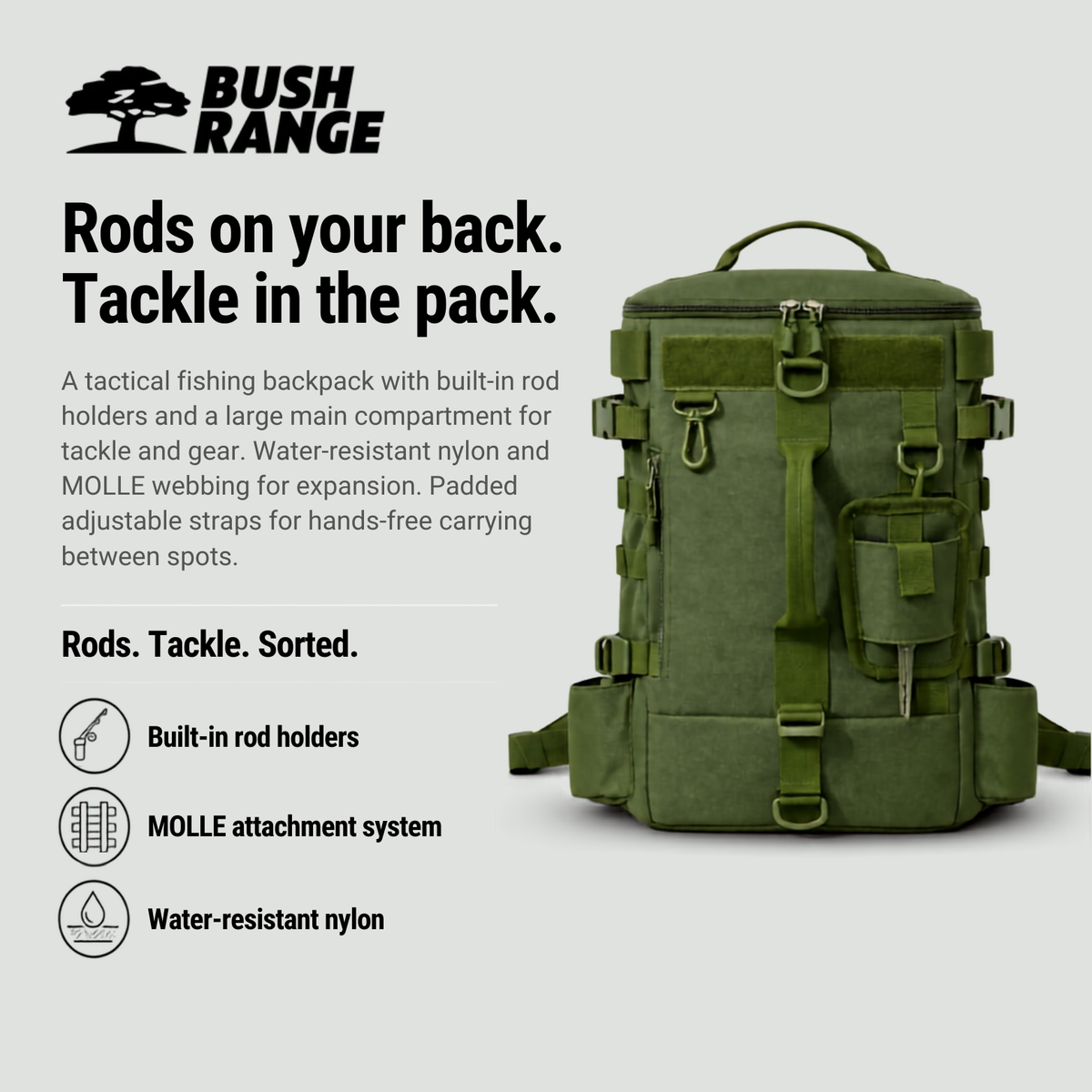 Fishing Backpack with Built In Rod Holders and MOLLE System for Tackle Storage