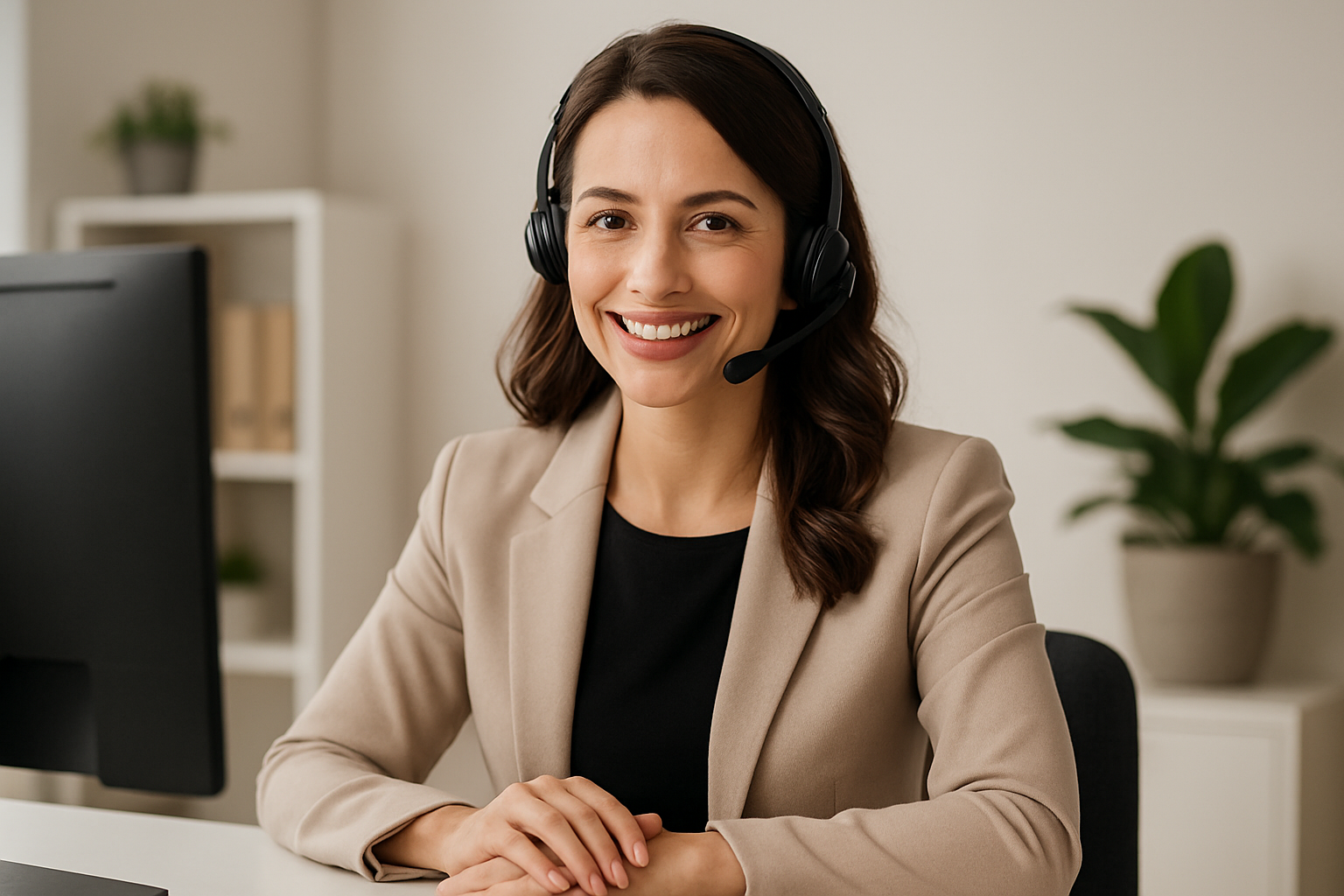 i want a smiling woman in her 30's, goodlooking with a headset on behind a computer to represent the customer support page for my online webshop