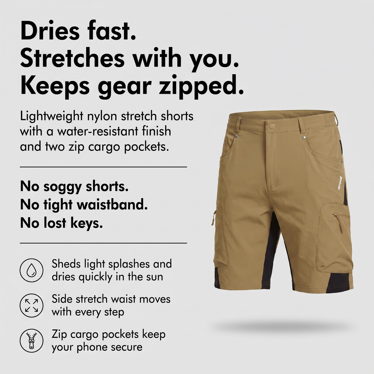 Men's work shorts with water-resistant stretch fabric and zip cargo pockets