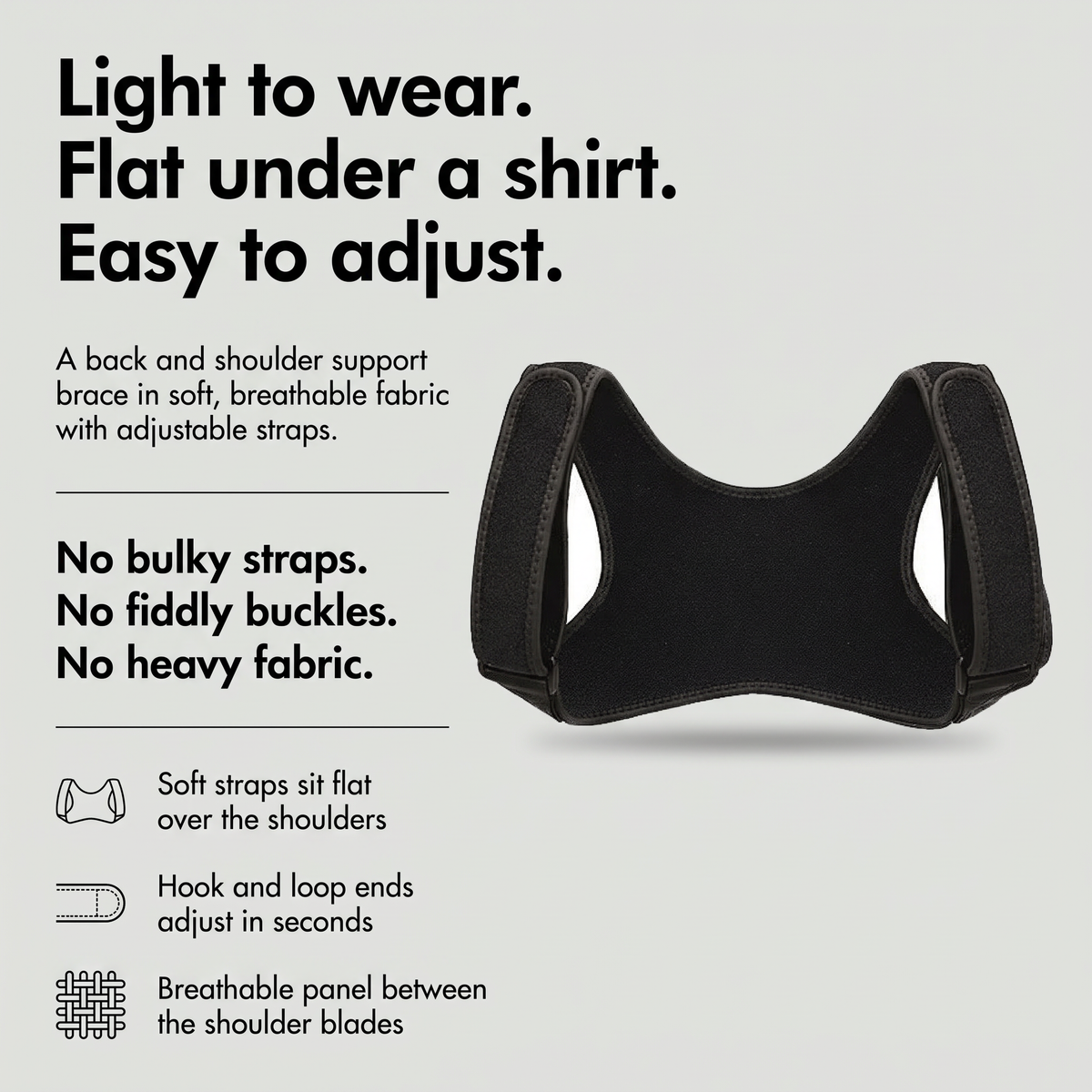 Back and shoulder brace with soft adjustable straps and breathable panel