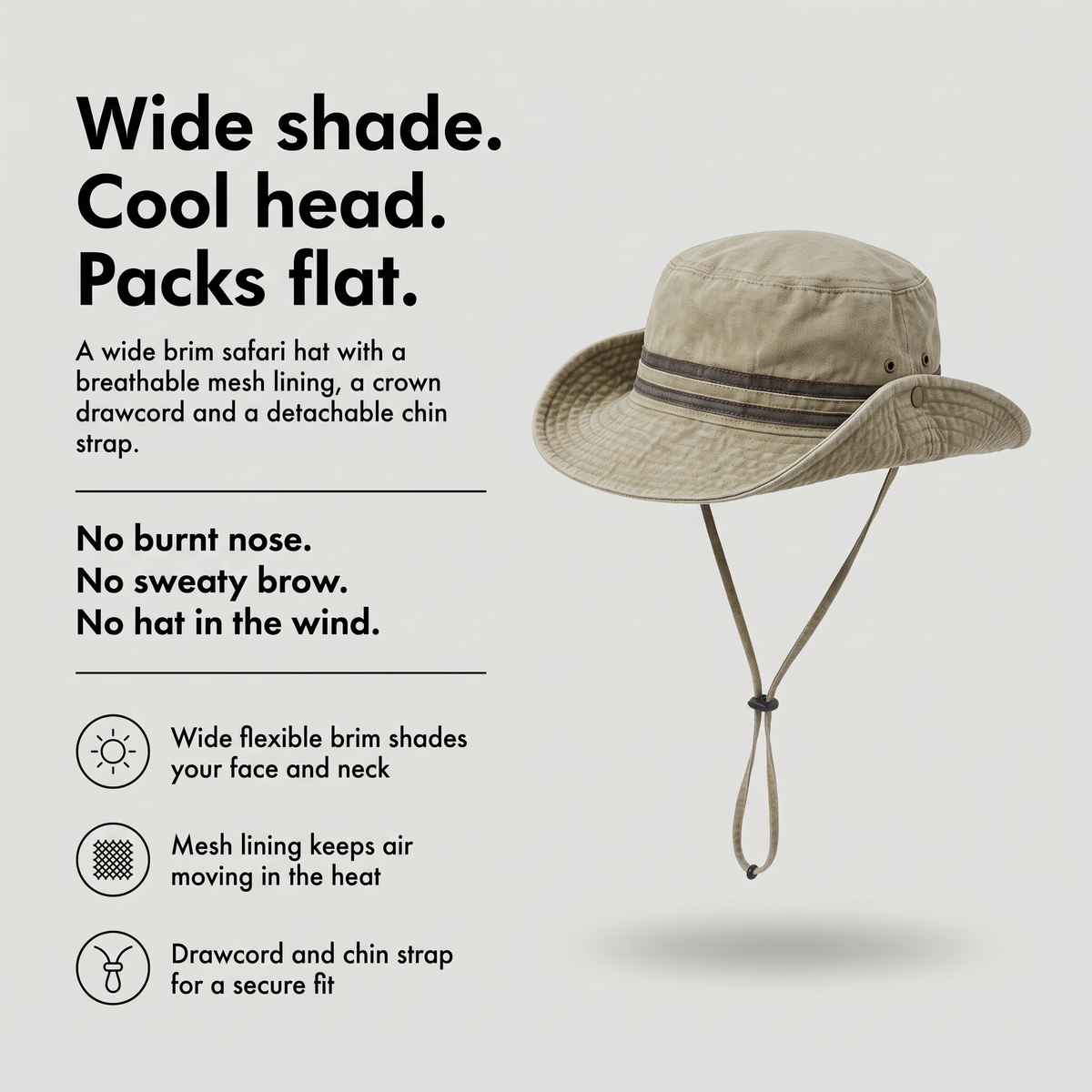 Safari hat with wide flexible brim, mesh lining and chin strap