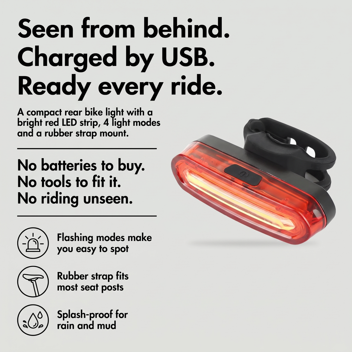 USB rechargeable rear bike light with 4 modes and strap mount