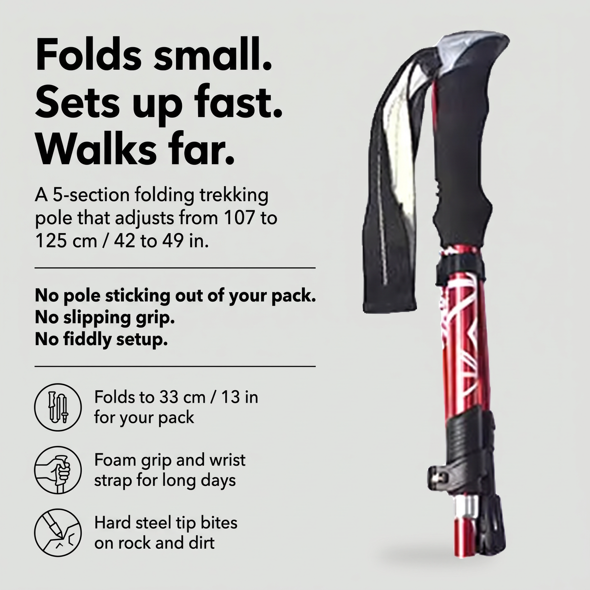 Folding hiking pole with five sections, foam grip, wrist strap and steel tip