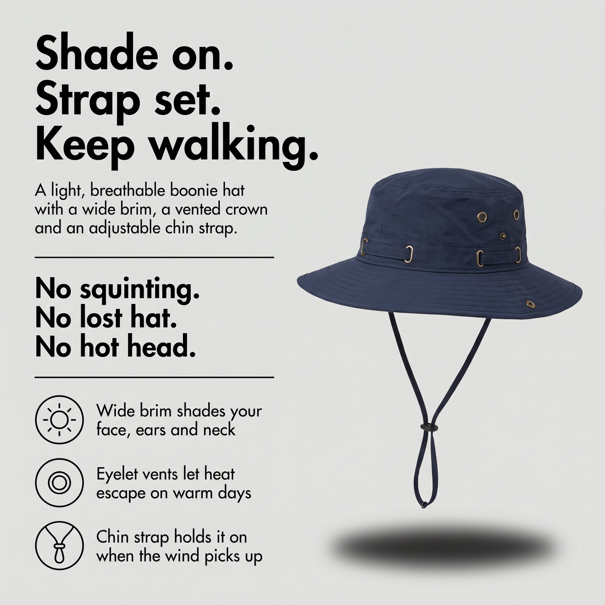 Lightweight boonie hat with wide brim, eyelet vents and adjustable chin strap
