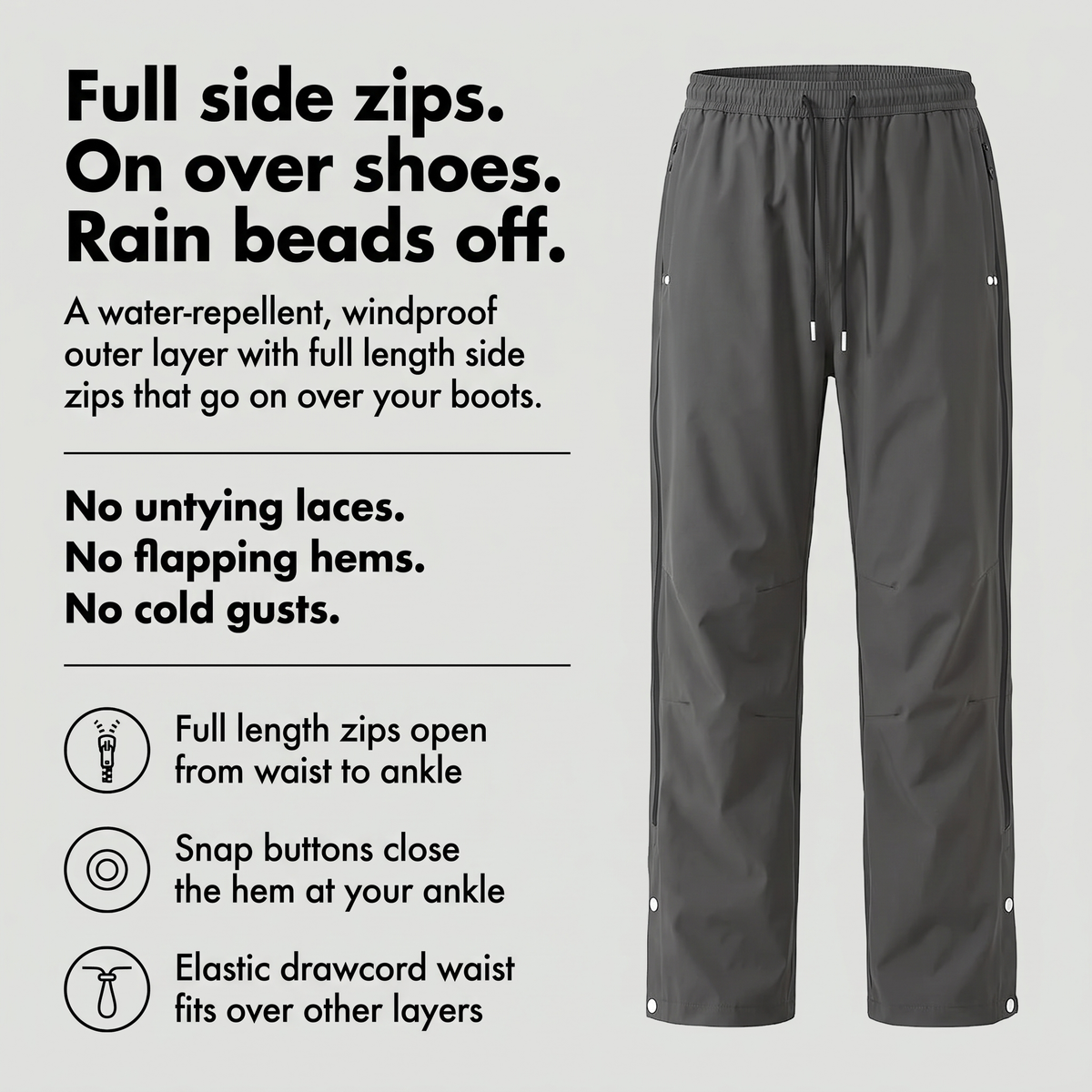 Rain pants with full length side zips, press-stud hems and elastic drawcord waist