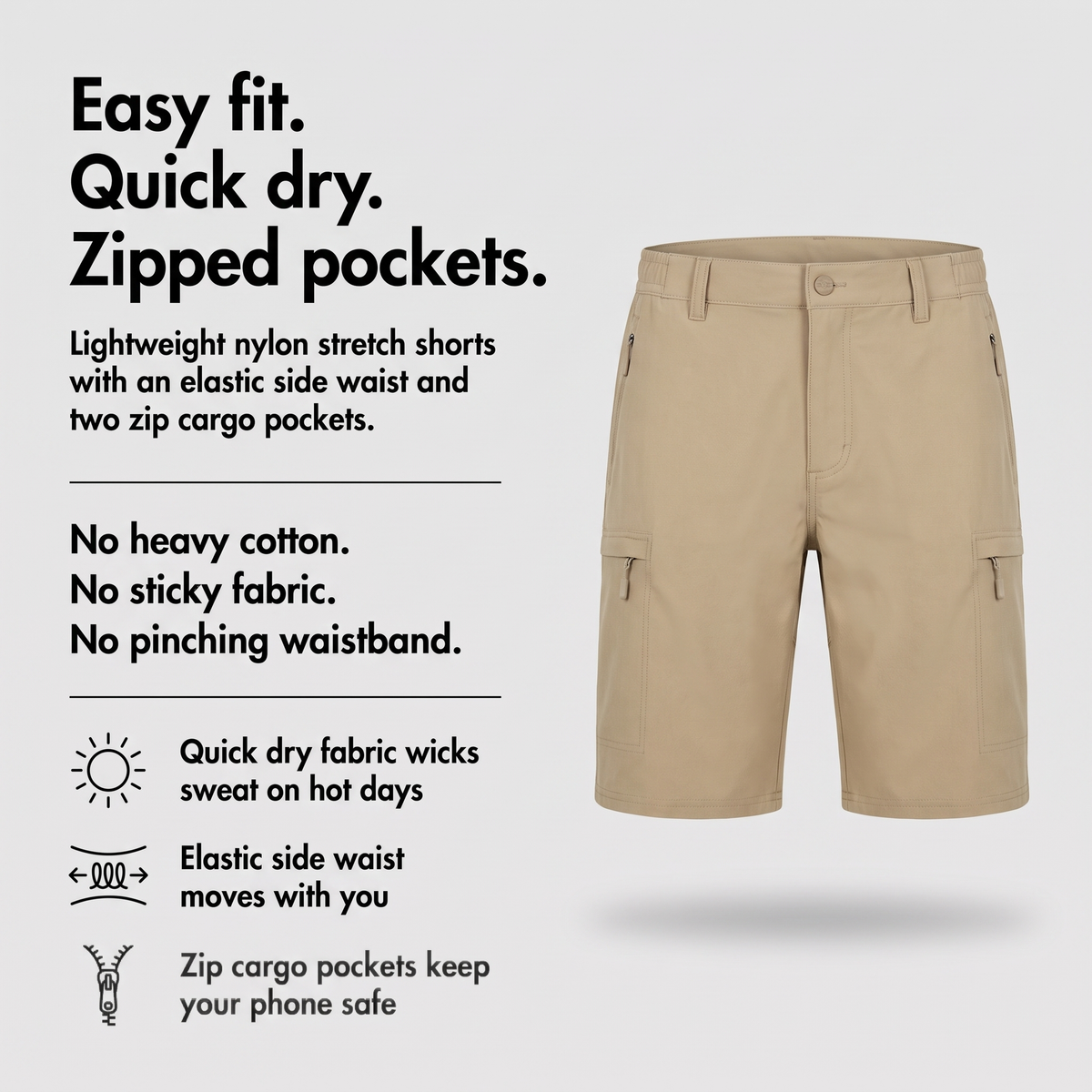 Men's casual quick dry shorts with elastic side waist and zip cargo pockets