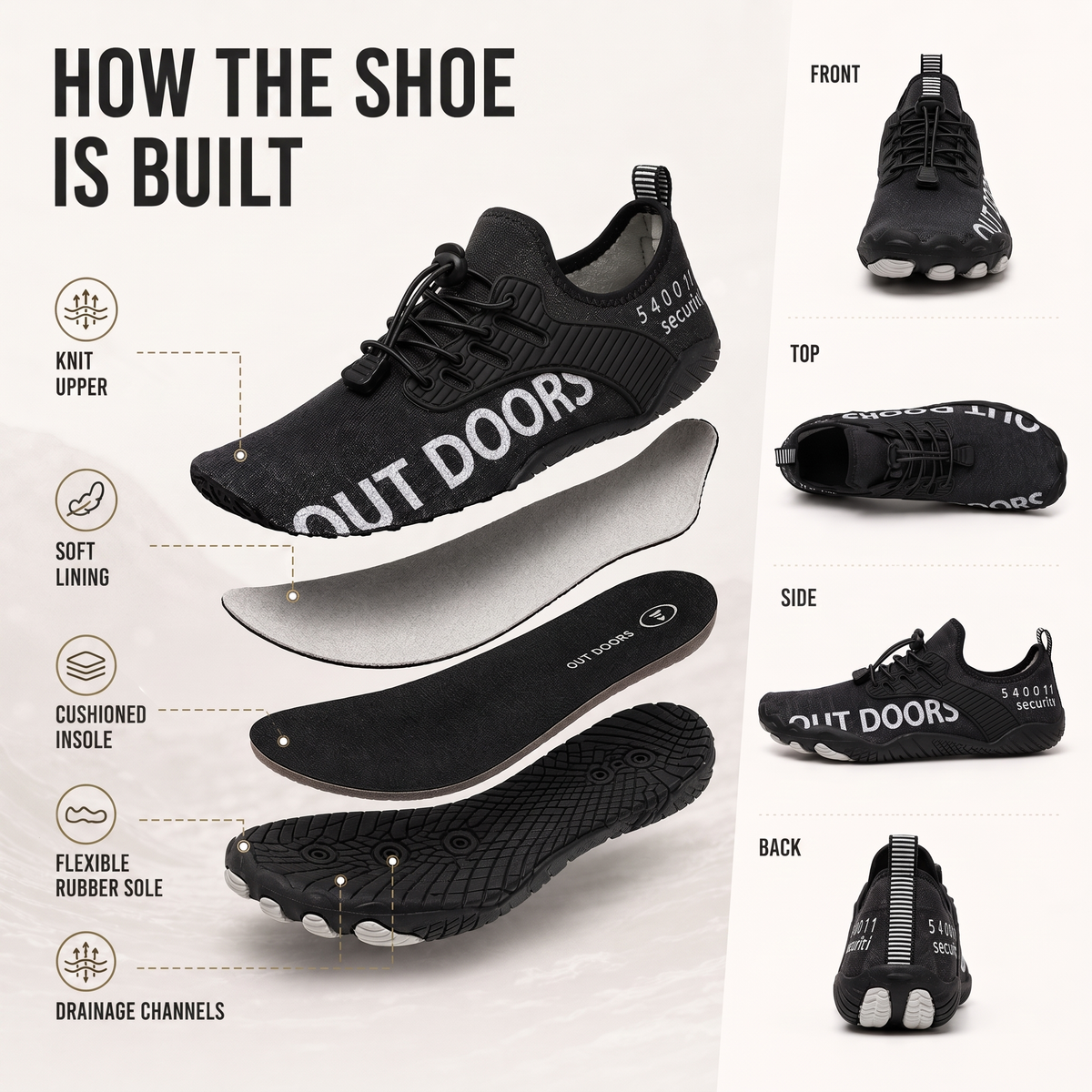 Reef shoe construction with knit upper, soft lining, cushioned insole and rubber sole
