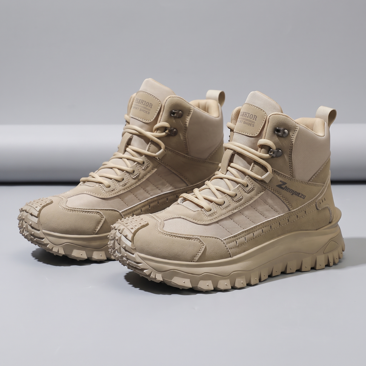 Men's high top hiking boots - Khaki - pair, three-quarter front view