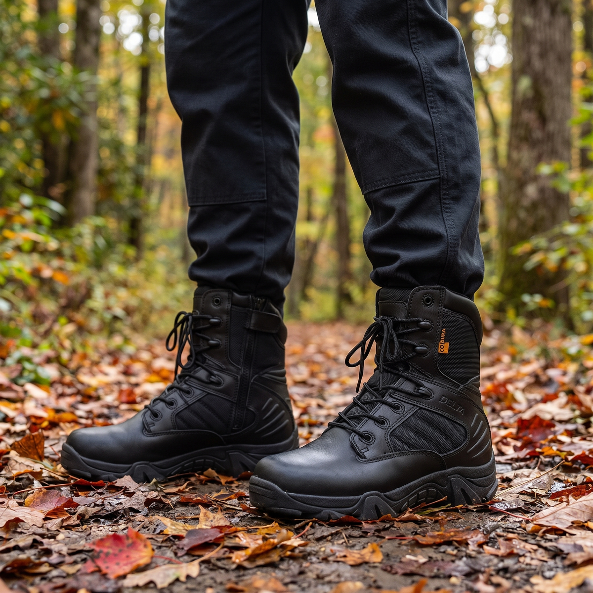 Black tactical hiking boots on an autumn forest trail