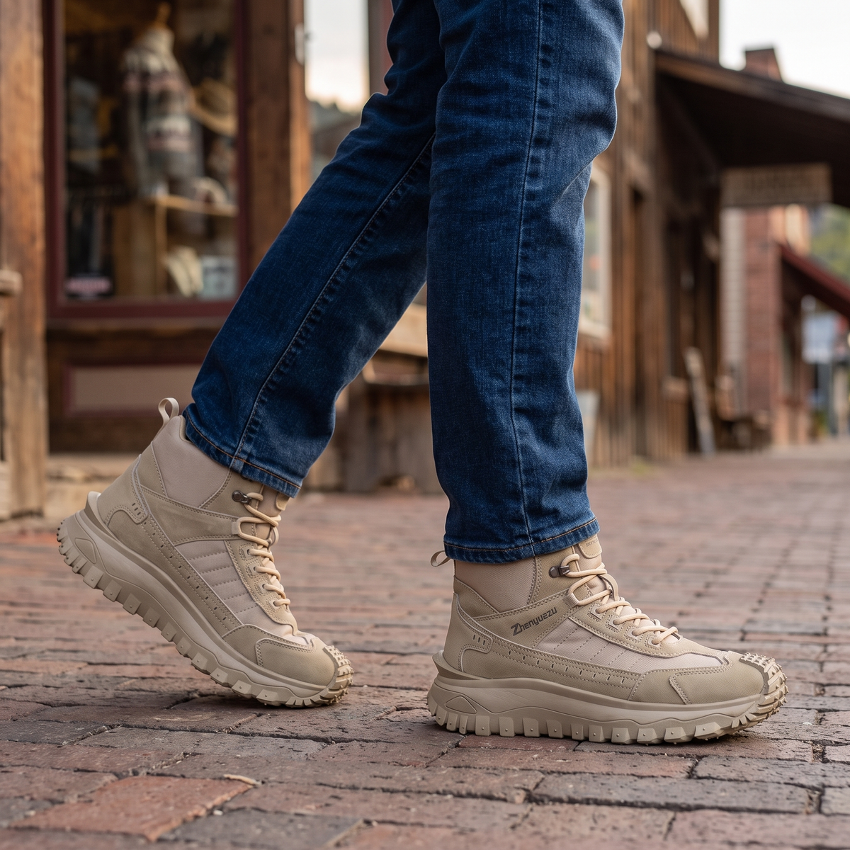 Khaki lace up boots worn with jeans on a small-town sidewalk