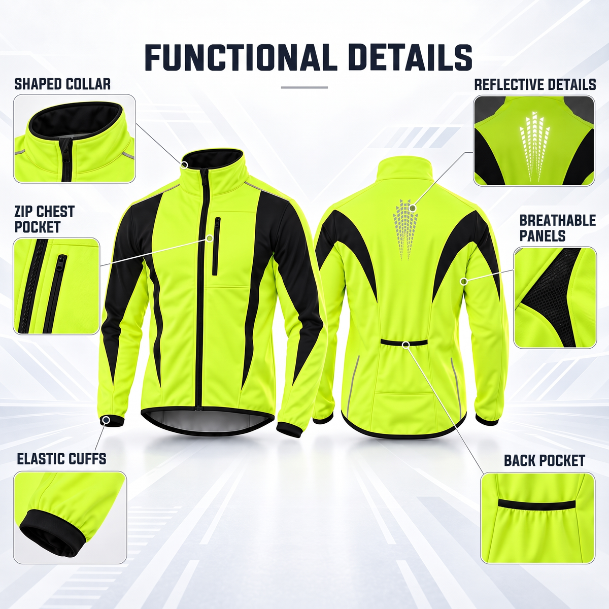 Men's cycling jacket details: shaped collar, zip chest pocket, elastic cuffs, reflective details, breathable panels and back pocket
