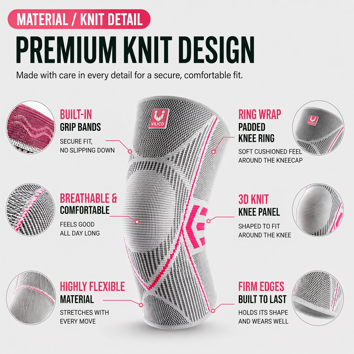 Knee sleeve knit details – grip bands, padded knee ring, breathable 3D knit and firm edges