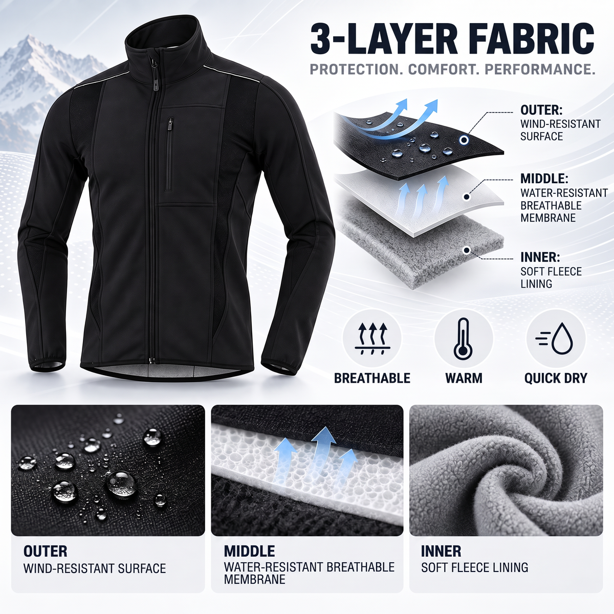 Men's cycling jacket three-layer fabric: wind-resistant outer, water-resistant breathable membrane and soft fleece lining
