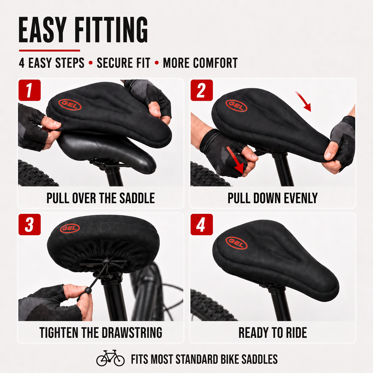 How to fit the padded bike seat cover over your saddle in four steps