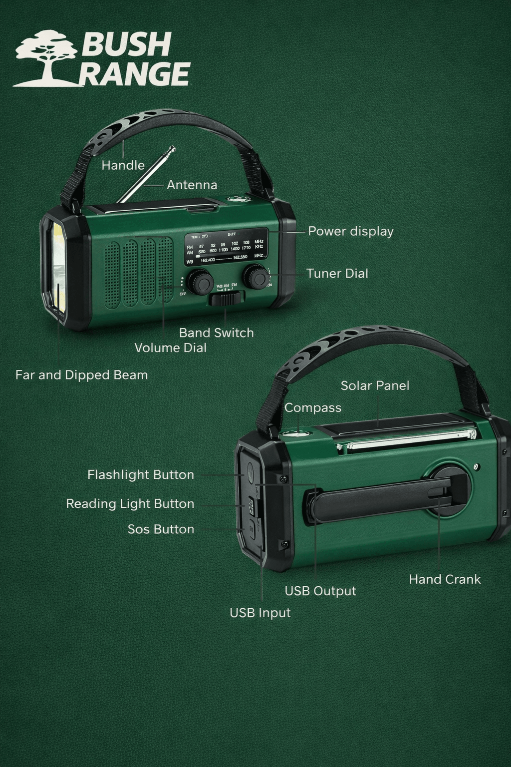 Emergency Radio with Solar & Hand Crank – 10000 mAh Power Bank - Bush Range