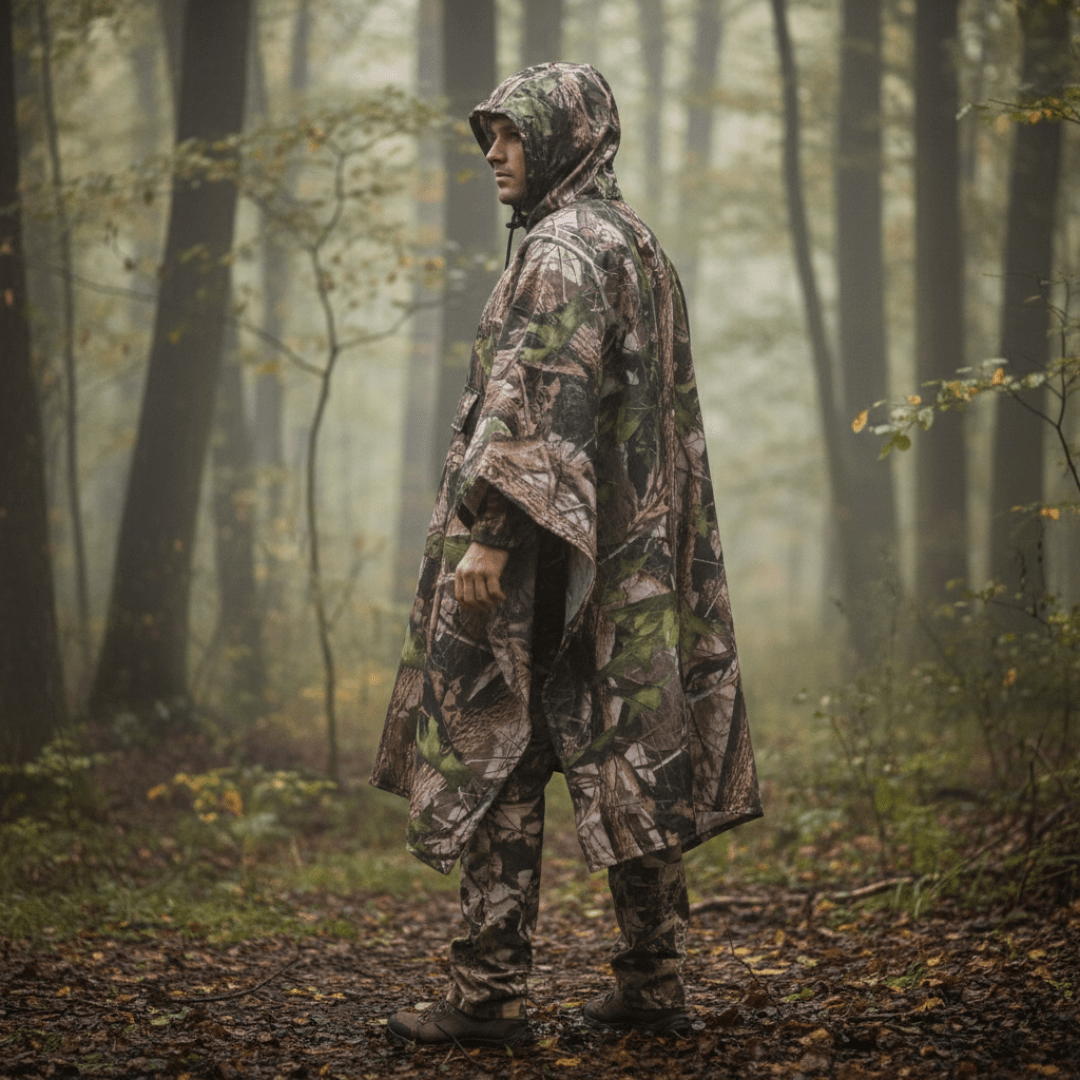 Hooded Camouflage Rain Poncho – Water - Resistant Outdoor Windbreaker - Bush Range