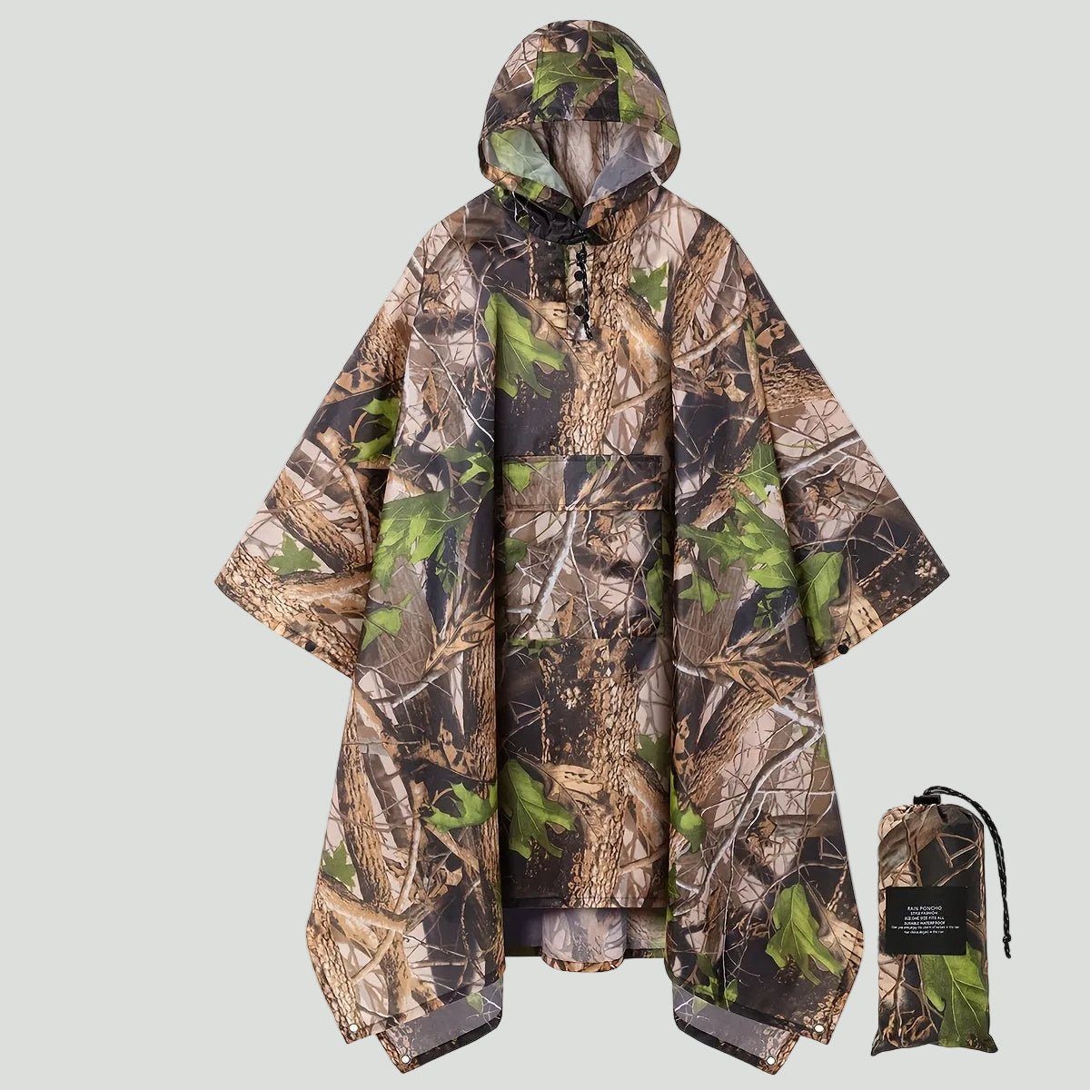 Hooded Camouflage Rain Poncho – Water - Resistant Outdoor Windbreaker - Bush Range