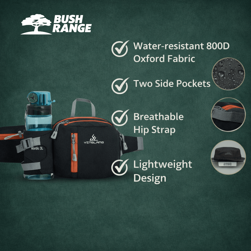 Lightweight Water Resistant Outdoor Waist Pack – Bottle Holder Design - Bush Range