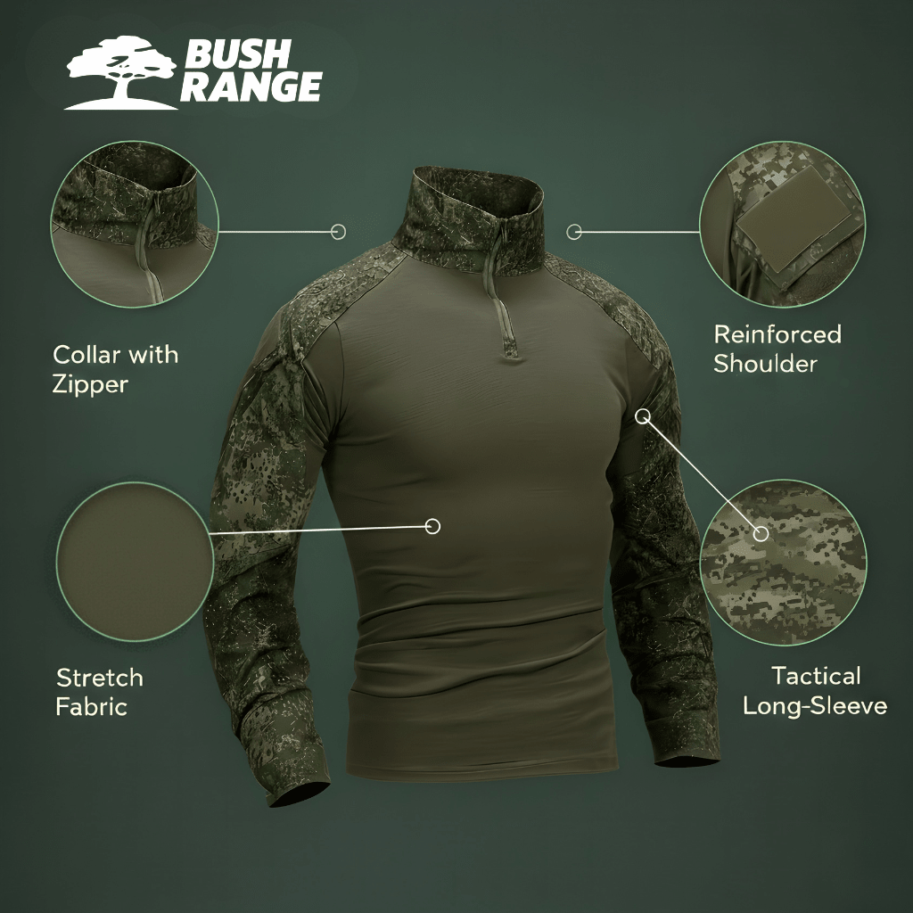 Men’s Camouflage Tactical Long Sleeve Shirt – Half Zip Outdoor Layer - Bush Range