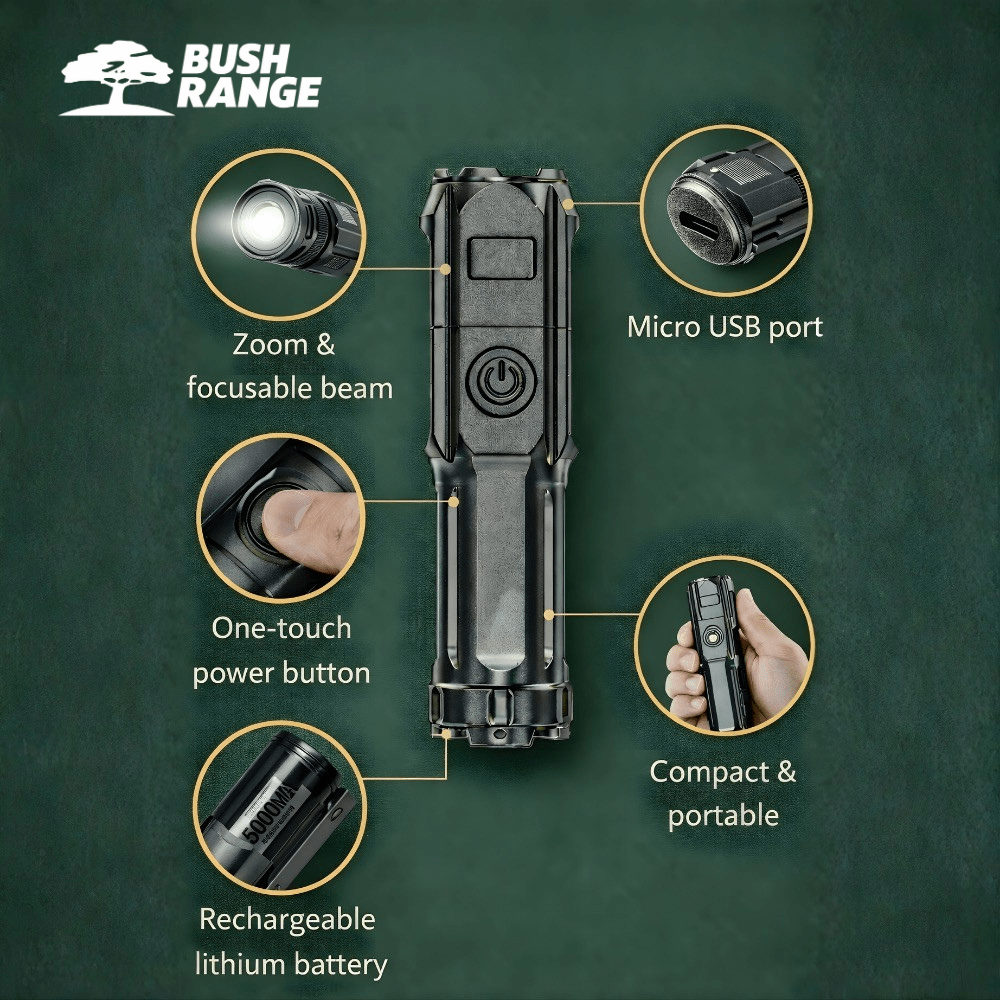 Portable Zoom Torch with Focusable Beam – Compact & Rechargeable - Bush Range