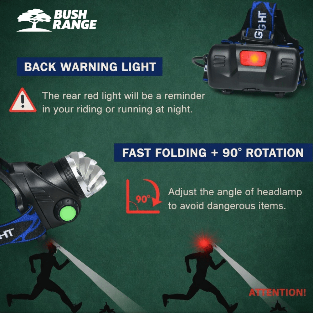 Rechargeable Waterproof LED Headlamp – Hands - Free Lighting for Fishing & Outdoor Use - Bush Range