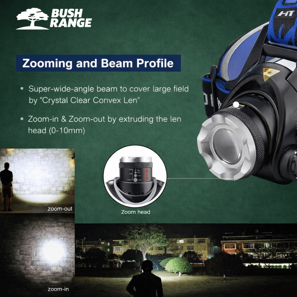 Rechargeable Waterproof LED Headlamp – Hands - Free Lighting for Fishing & Outdoor Use - Bush Range