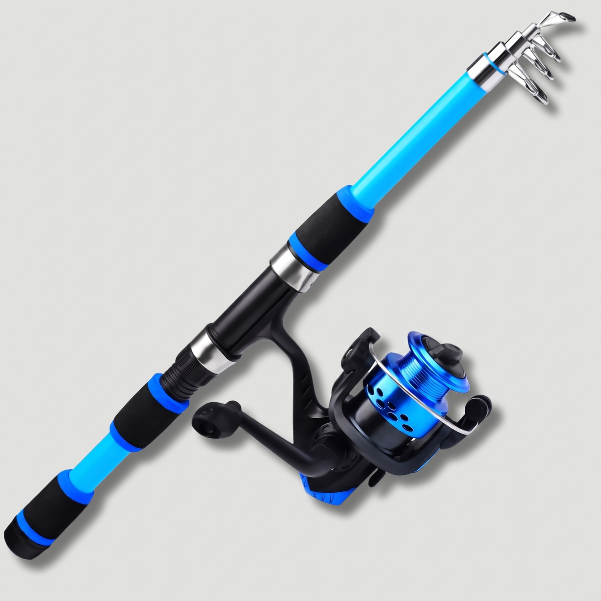 Telescopic fishing rod and reel combo in blue, extended