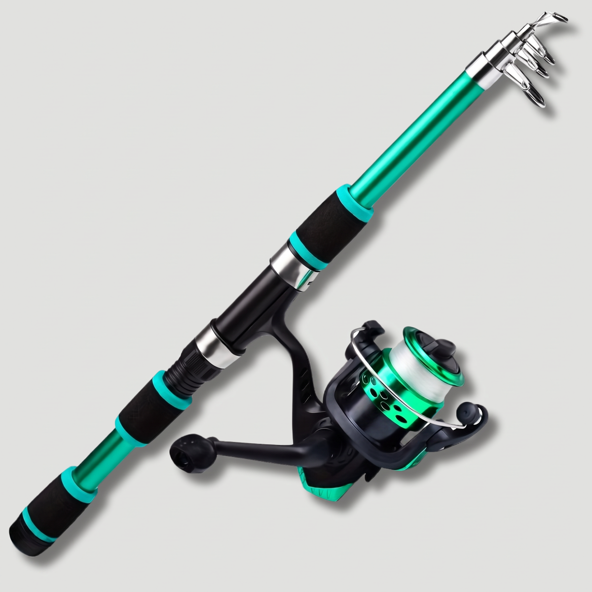 Telescopic fishing rod and reel combo in green, extended