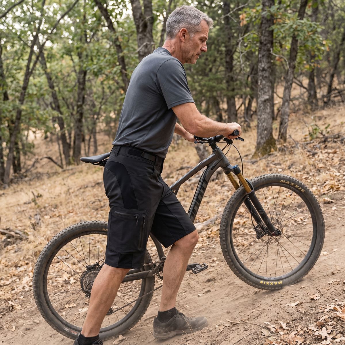 SUPERSEDED - Pushing a mountain bike up a dusty trail in the cargo shorts
