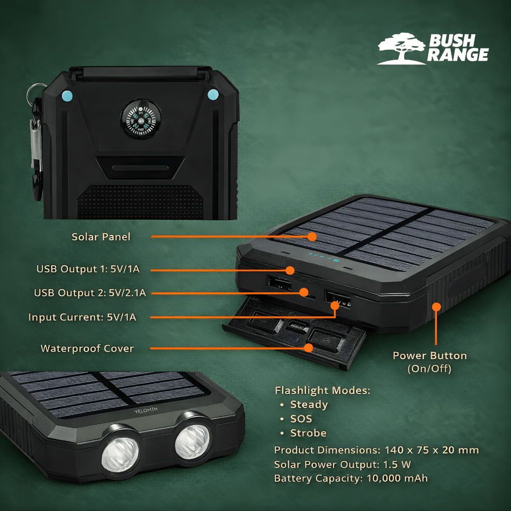 Solar Power Bank 10000 mAh – Waterproof Outdoor Backup Power - Bush Range