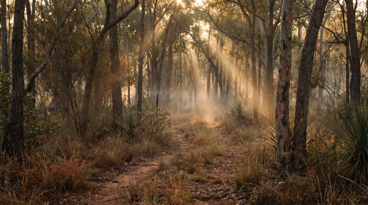 Faint animal track winding through dry eucalypt scrub at dawn, low mist between spotted gums, red dirt and native grass.