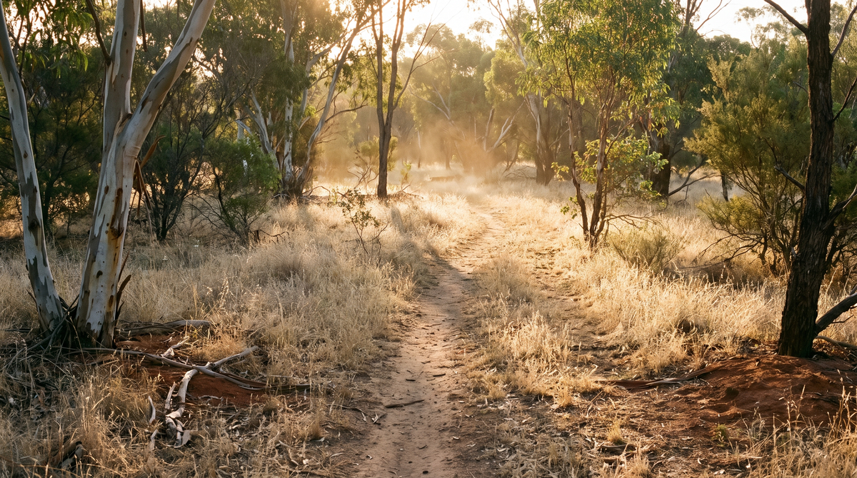 A narrow dry bush track winding through pale summer grass and eucalypt scrub at first light in the Australian bush.