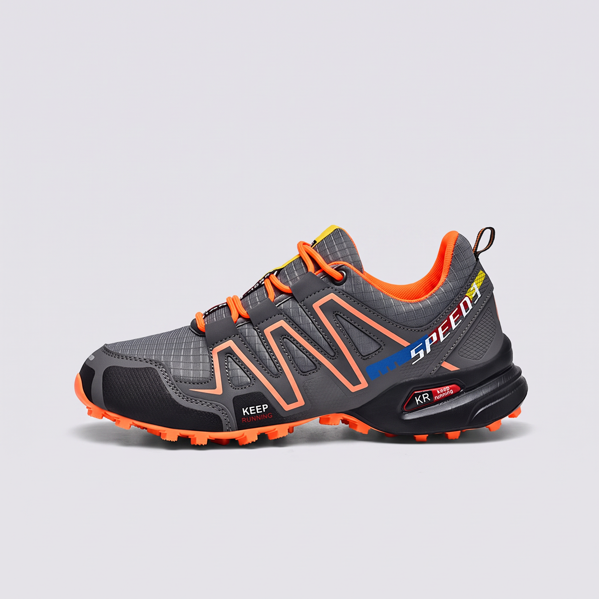 Men's trail running shoes in gray and orange - lateral view