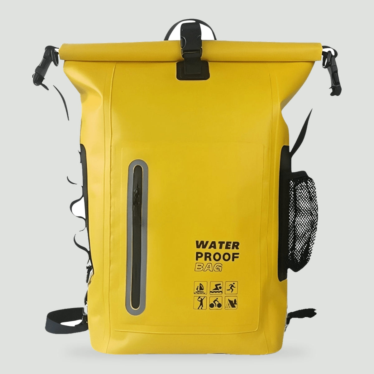 30L waterproof roll top backpack in Yellow, front view