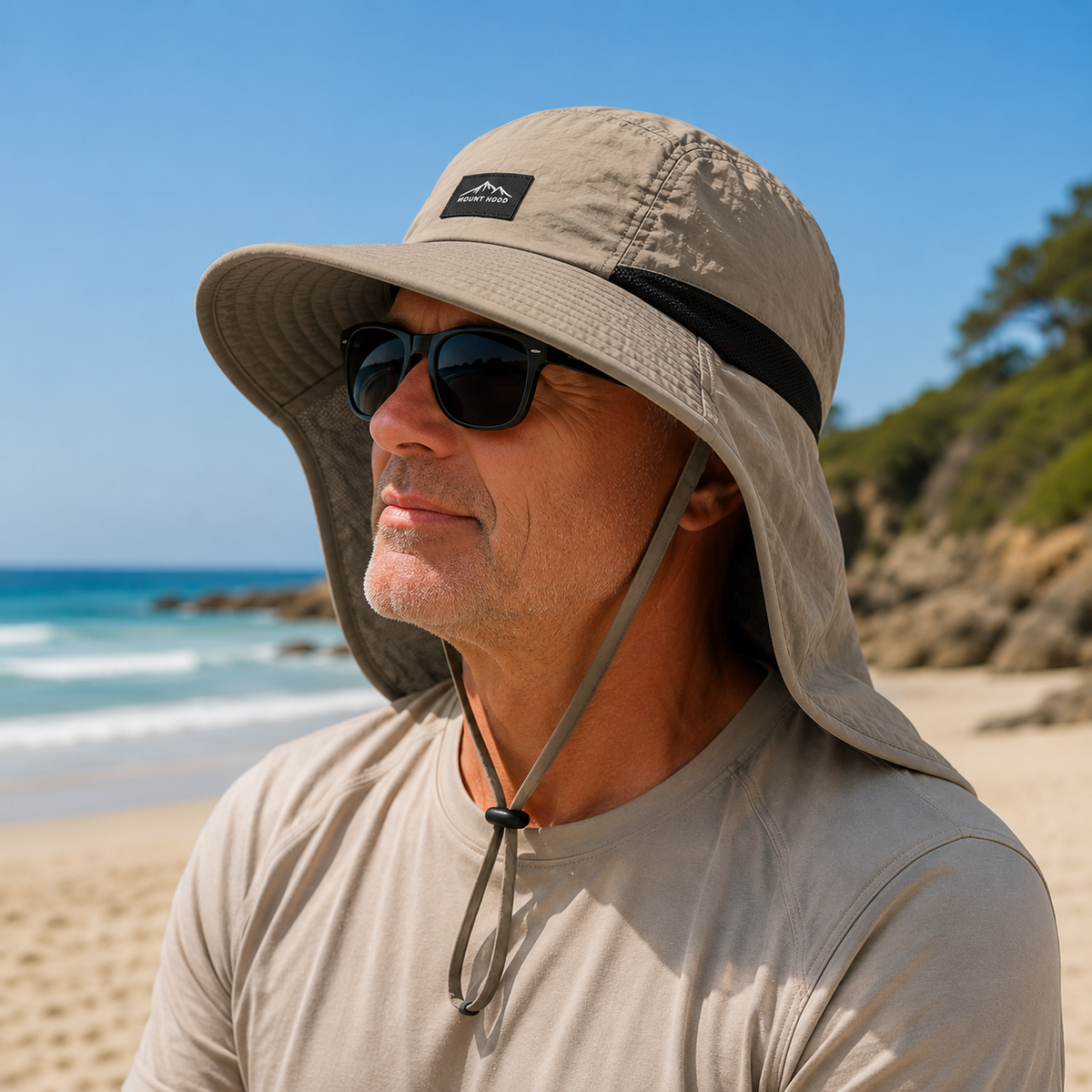 Man wearing the legionnaire hat in Khaki Tan on the beach