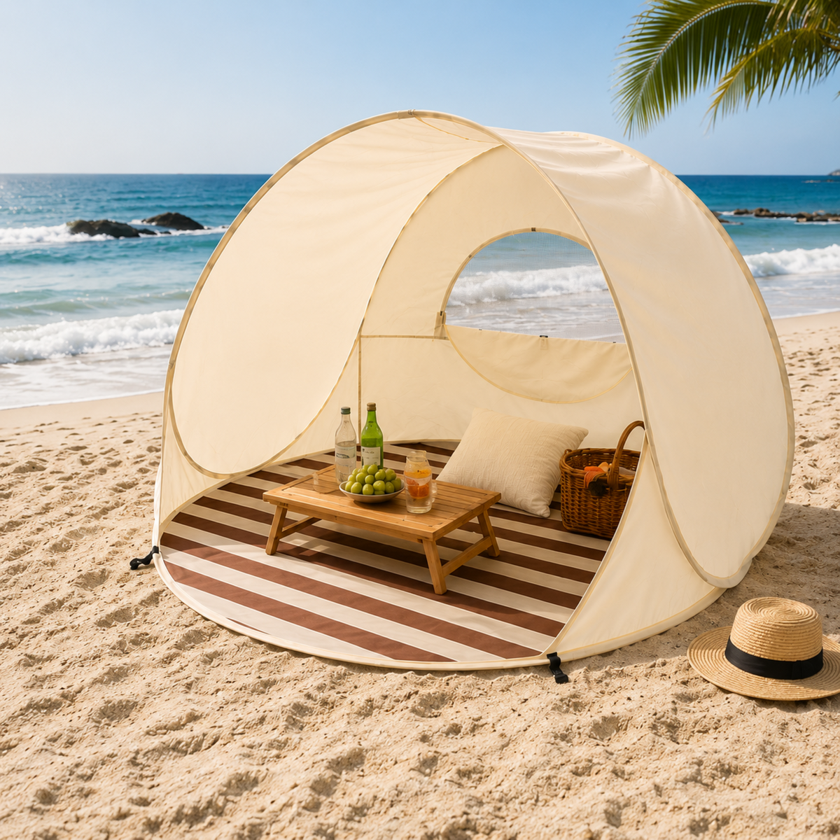 Pop up beach tent set up on the sand by the sea