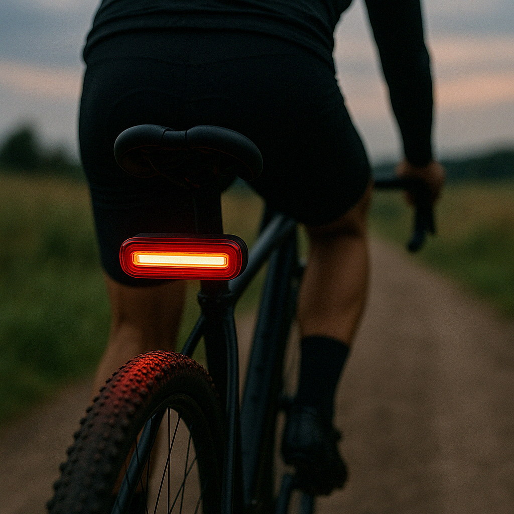 Cyclist at dusk with the rechargeable bike light on the seat post