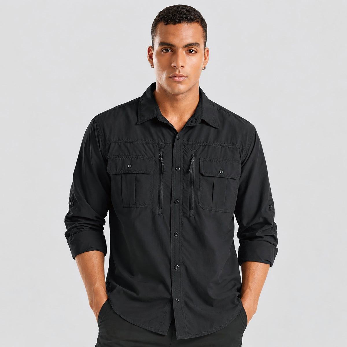Man wearing the men's hiking shirt in Black, front view