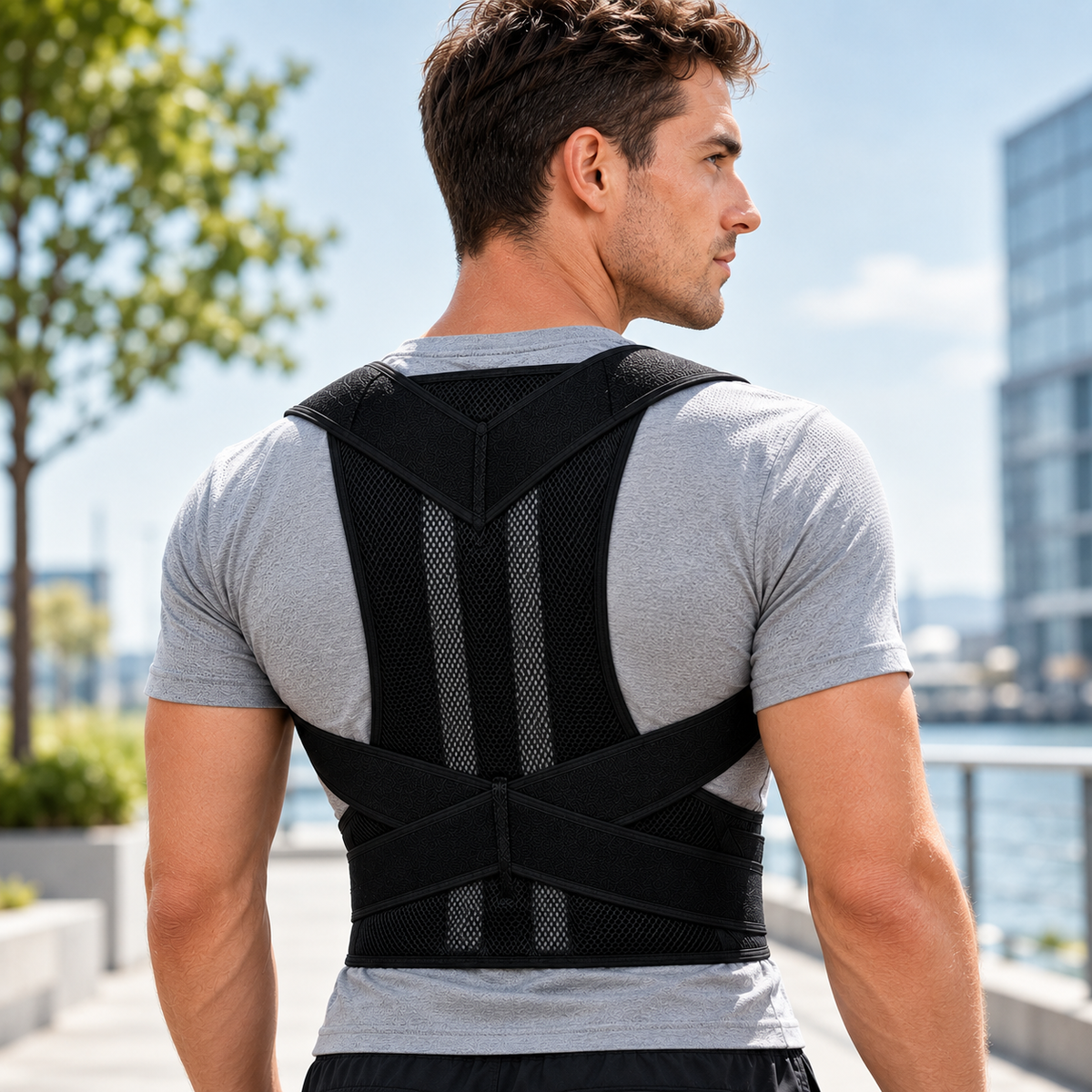 Man outdoors wearing the back support brace in Black, back view