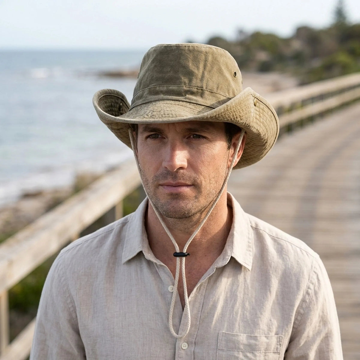 Man wearing the wide brim hat in Khaki on a coastal boardwalk
