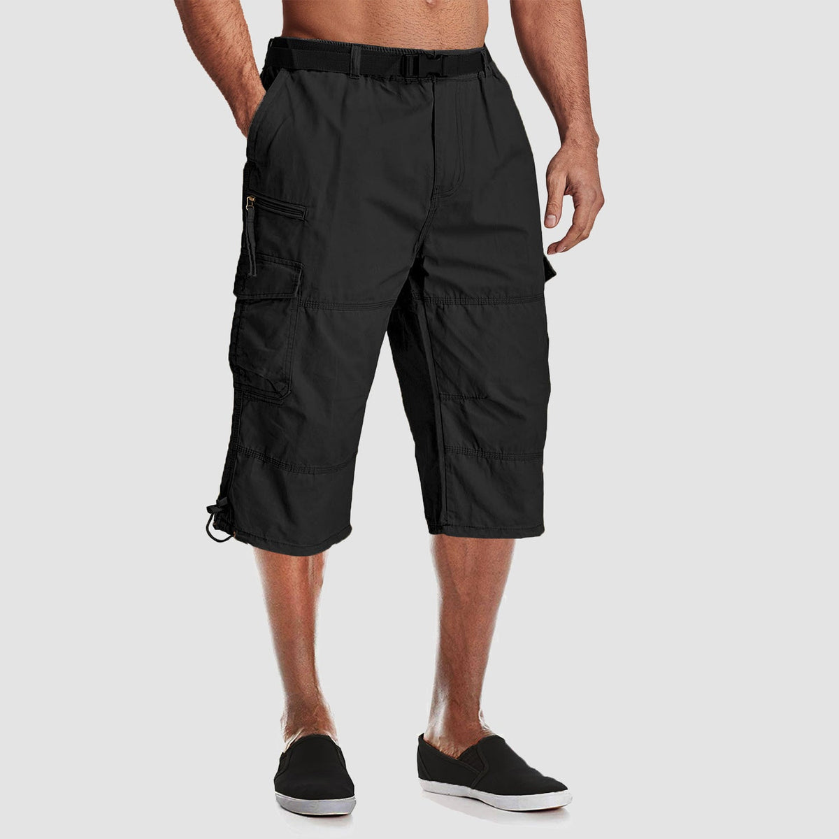 Men's long cargo shorts in Black, front view
