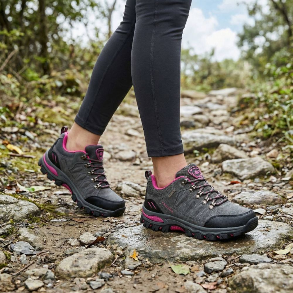 Woman walking a rocky track in the women's hiking shoes in Grey
