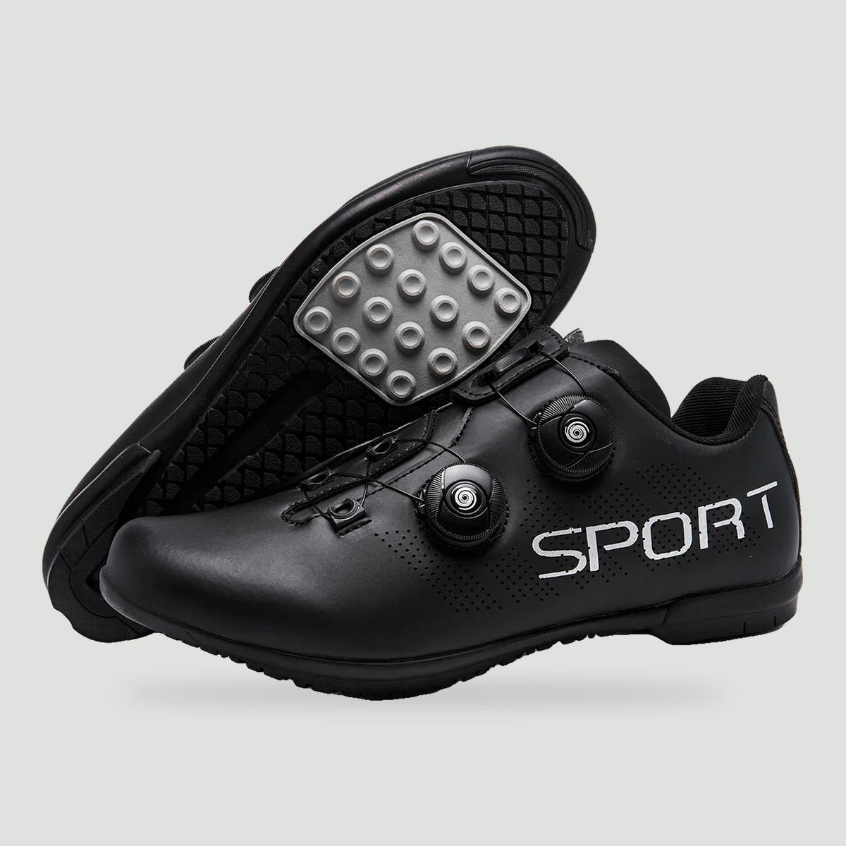 Flat pedal cycling shoes in Black with dual dial closure and studded sole