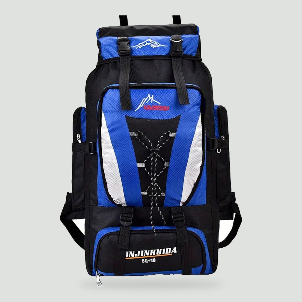 80L hiking rucksack in Blue, front view with bungee lacing and side pockets