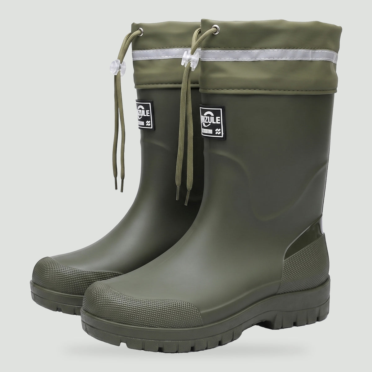 Men's gumboots in Olive Green, mid calf rubber boots with drawstring collar
